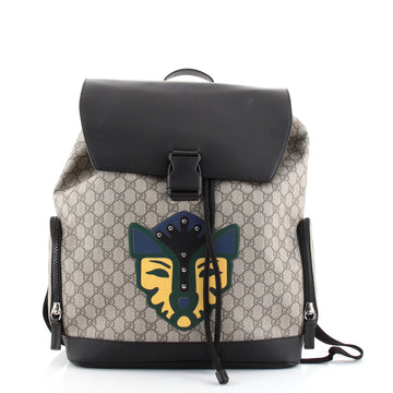Gucci Buckle Backpack GG Coated Canvas with Applique and Leather Large
