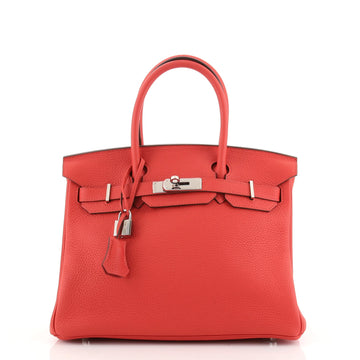 Hermes Birkin Handbag Red Clemence with Palladium Hardware 30