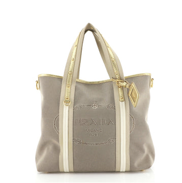 Prada Logo Convertible Tote Canvas with Studded Leather Large