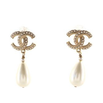 Chanel CC Pearl Teardrop Earrings Metal and Faux Pearl