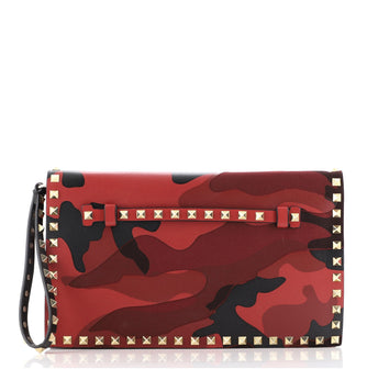 Valentino Rockstud Flap Clutch Camo Leather and Canvas