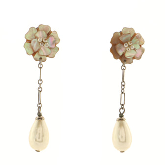 Chanel Vintage Flower with Pearl Drop Earrings Metal with Shell and Faux Pearl