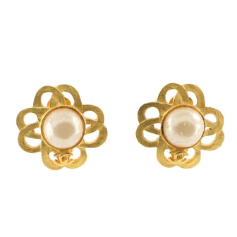 Chanel Vintage Flower Round Clip-on Earrings Faux Pearl with Metal