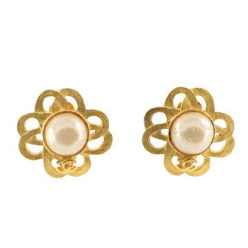 Chanel Vintage Flower Round Clip-on Earrings Faux Pearl with Metal