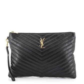 Saint Laurent Classic Monogram Wristlet Pouch Matelasse Chevron Leather Medium