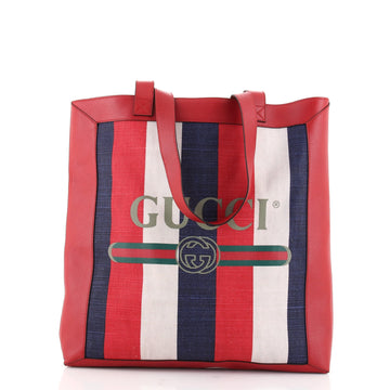 Gucci Logo Tote Striped Canvas and Leather Medium