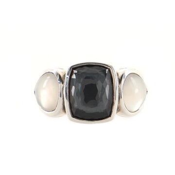 David Yurman Mosaic Three Stone Ring Sterling Silver with Hematite and Pearl and Quartz Doublet