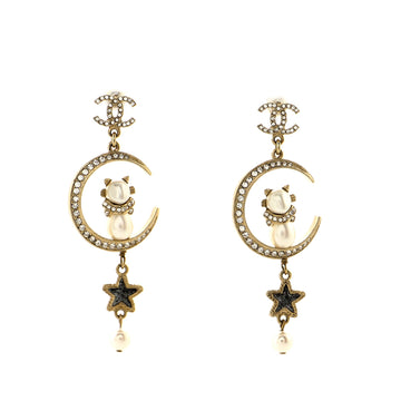 Chanel CC Cat Moon Star Dangling Earrings Metal and Crystals with Faux Pearls and Resin