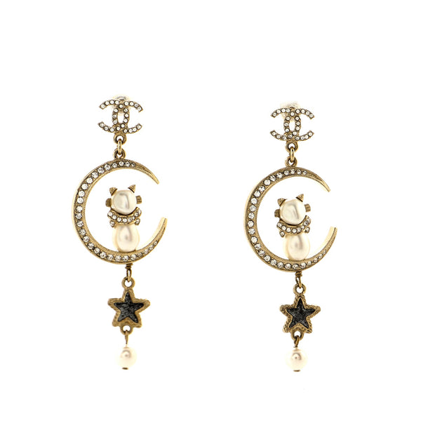 CHANEL, Jewelry, Chanel Cc Cat Moon Star Dangling Earrings Metal And  Crystals With Faux Pearls An