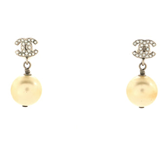 Chanel CC Chain Fringe Dangle Stud Earrings Metal and Faux Pearls