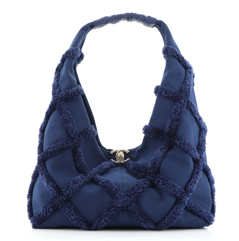 Chanel CC Lock Hobo Fringe Quilted Cotton Canvas Small Blue 858401