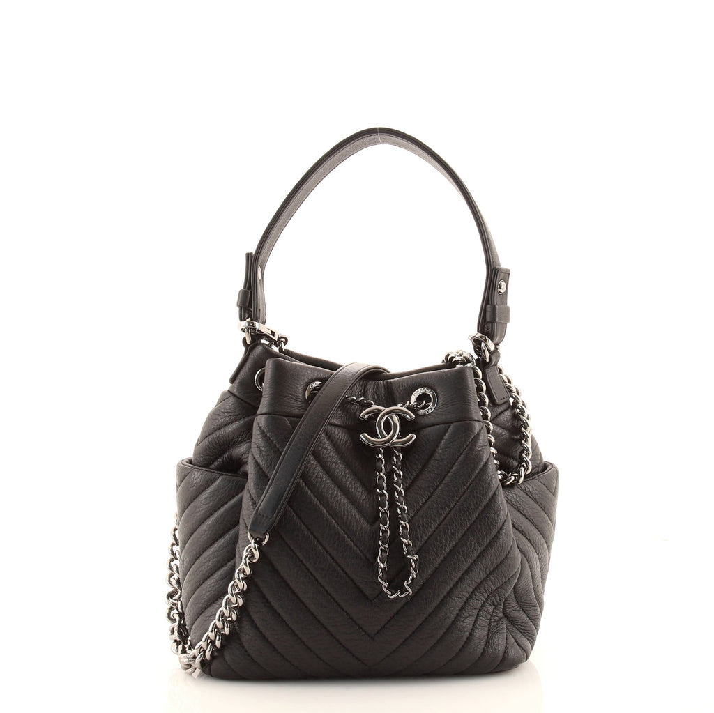 Chanel CC Chain Drawstring Bucket Bag Chevron Sheepskin Small Black 8598268
