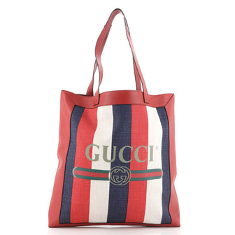 Gucci Logo Tote Striped Canvas and Leather Large
