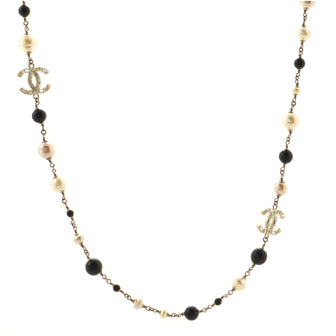Chanel Long CC Necklace Faux Pearl with Beads and Crystal Embellished Metal