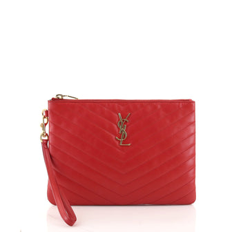 Saint Laurent Classic Monogram Wristlet Pouch Matelasse Chevron Leather Small