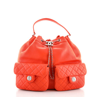 Chanel Double Pocket Drawstring Backpack Lambskin Medium