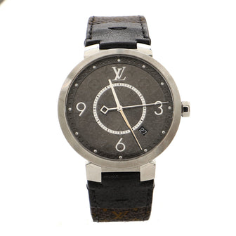 Louis Vuitton Tambour Slim Quartz Watch Stainless Steel and Monogram Eclipse 39