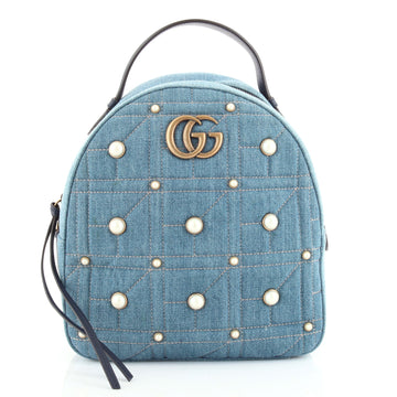 Gucci Pearly GG Marmont Backpack Embellished Matelasse Denim Small