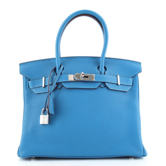 Hermes Birkin Handbag Blue Clemence with Palladium Hardware 30