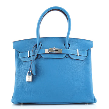 Hermes Birkin Handbag Blue Clemence with Palladium Hardware 30
