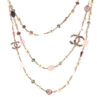 Chanel CC Triple Strand Necklace Crystal Embellished Metal with Faux Pearls and Beads