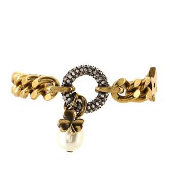 Christian Dior Clover Pearl Curb Chain Charm Bracelet Metal with Crystals and Faux Pearl