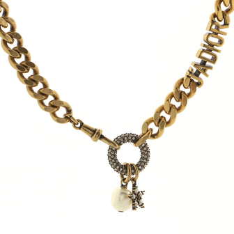 Christian Dior J'Adior Curb Chain Charm Choker Necklace Metal with Crystals and Faux Pearl