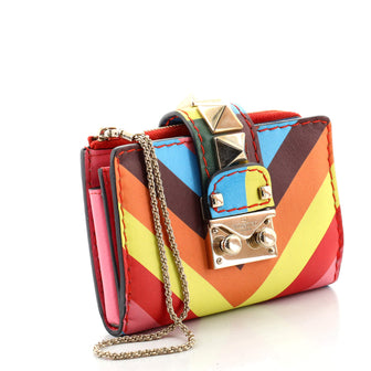 Valentino 1973 Glam Lock Zip Wallet with Chain Striped Leather Compact