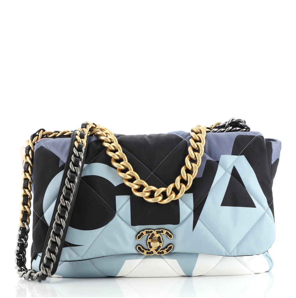 Chanel 19 Flap Bag Quilted Printed Silk Maxi Blue 867951