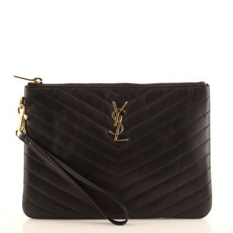 Saint Laurent Classic Monogram Wristlet Pouch Matelasse Chevron Leather Small