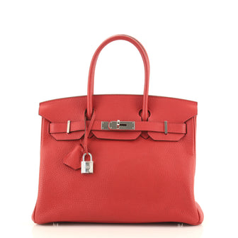 Hermes Birkin Handbag Red Clemence with Palladium Hardware 30