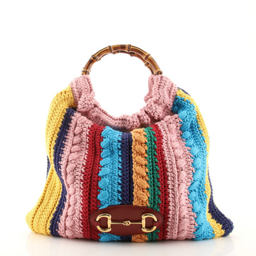Gucci 1955 Horsebit Bamboo Handle Tote Striped Crochet Medium