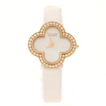 Van Cleef & Arpels Alhambra Quartz Watch Yellow Gold and Satin with Diamond Bezel and Mother of Pearl 26