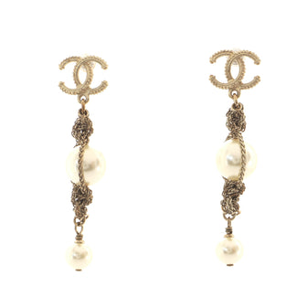 Chanel CC Pearl Dangle Earrings Pearl Embellished Metal