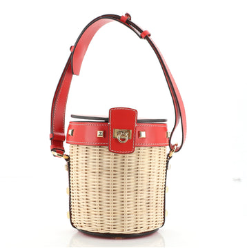Salvatore Ferragamo Gancini Drawstring Bucket Bag Wicker with Studded Leather Small