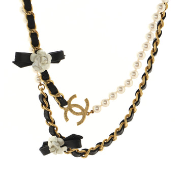 Chanel CC Camellia Long Necklace Metal with Leather and Faux Pearls