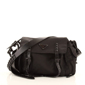Prada New Vela Flap Messenger Bag Tessuto with Studded Leather Medium