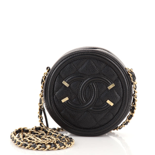 Chanel Black Caviar Filigree Round Clutch w/ Chain Mini
