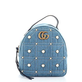 Gucci Pearly GG Marmont Backpack Embellished Matelasse Denim Small