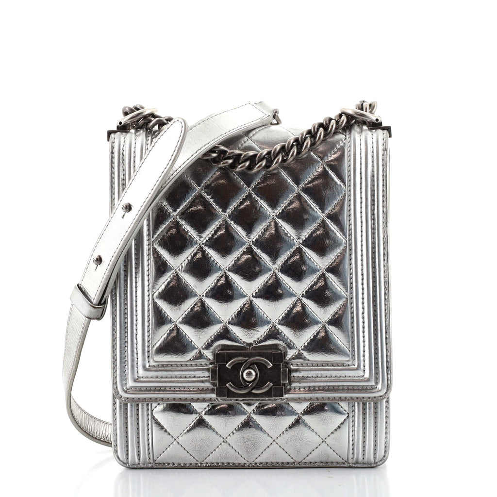 Chanel North South Boy Flap Bag Quilted Metallic Calfskin Small Silver  874838