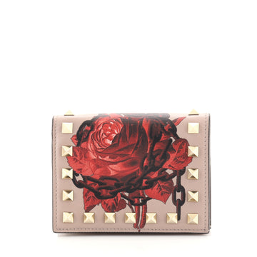 Valentino Rockstud Flap Card Case Printed Leather