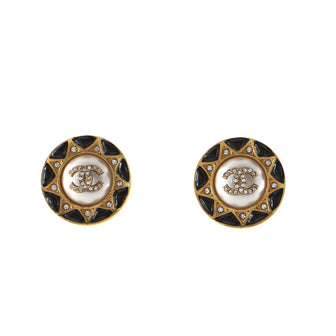 Chanel CC Round Stud Earrings Metal with Faux Pearl and Crystal