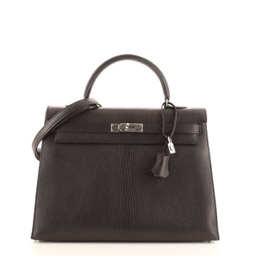 Hermes Kelly Handbag Black Chevre de Coromandel with Palladium Hardware 35