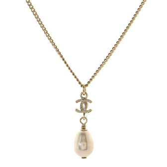 Chanel CC Pearl Drop Pendant Necklace Metal and Faux Pearl