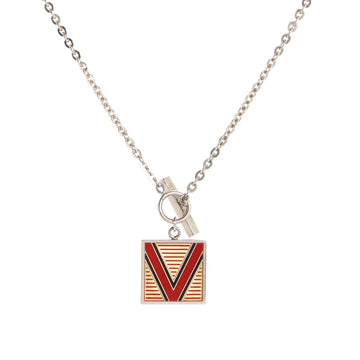 Louis Vuitton V Logo Square Pendant Necklace Sterling Silver with Enamel 