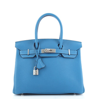 Hermes Birkin Handbag Blue Clemence with Palladium Hardware 30