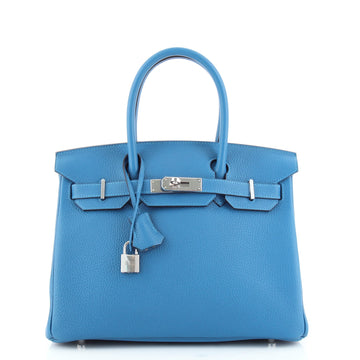 Hermes Birkin Handbag Blue Clemence with Palladium Hardware 30