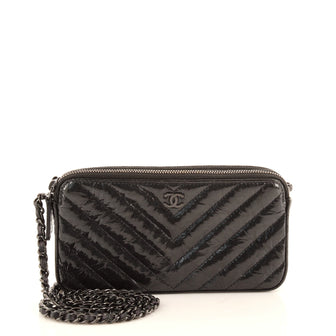 Chanel So Black Double Zip Clutch with Chain Chevron Crumpled Metallic Patent