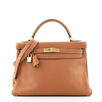 Hermes Kelly Handbag Brown Clemence with Gold Hardware 32