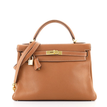 Hermes Kelly Handbag Brown Clemence with Gold Hardware 32